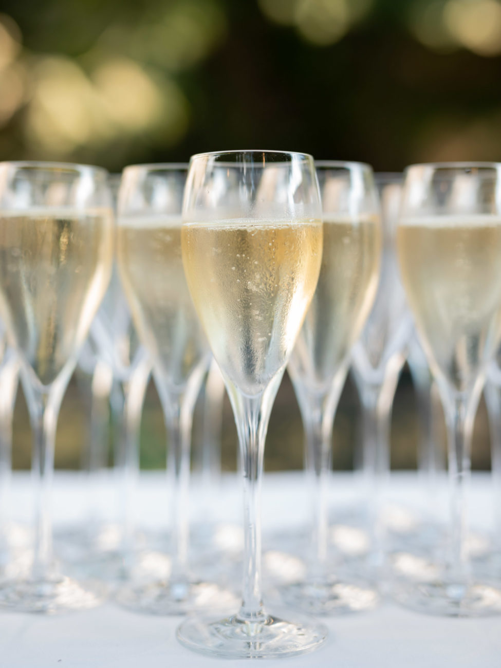 Coupes de champagne perlantes lors d'un mariage au bord du lac du Annecy à l'Abbaye de Talloires